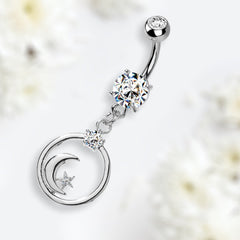 Silver Crescent Moon and Star with Clear Gem Dangling Belly Button Ring