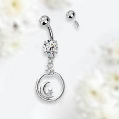 Silver Crescent Moon and Star with Clear Gem Dangling Belly Button Ring