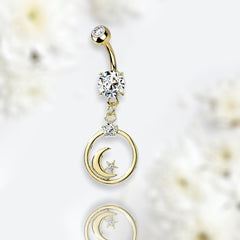 Gold Crescent Moon and Star with Clear Gem Dangling Belly Button Ring