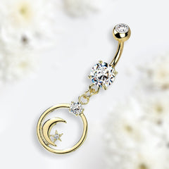 Gold Crescent Moon and Star with Clear Gem Dangling Belly Button Ring