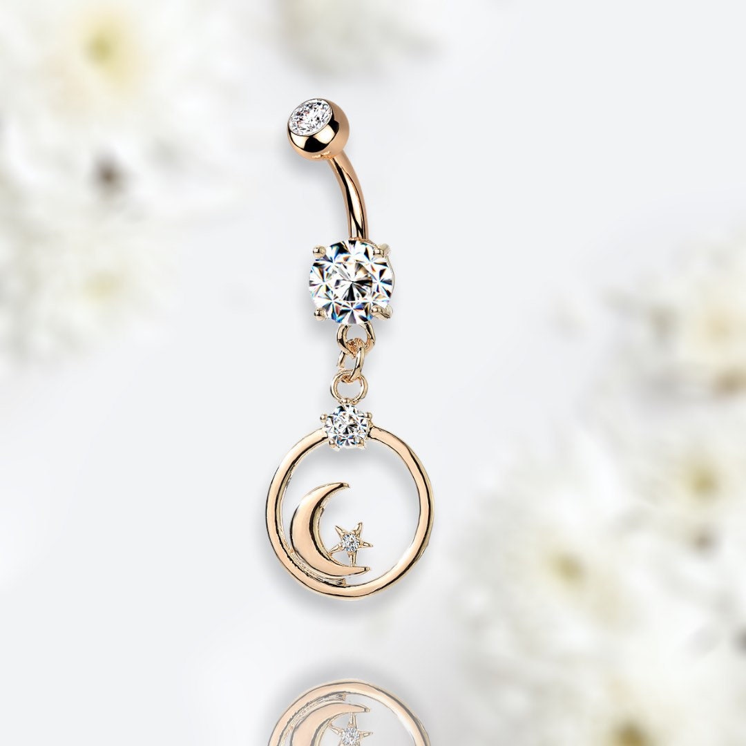 Rose Gold Crescent Moon and Star with Clear Gem Dangling Belly Button Ring