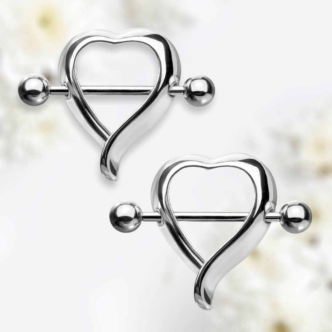 Set of 14G Plain Silver Heart Shape Nipple Shield. Nipple Rings. Nipple Piercing. Nipple Jewelry