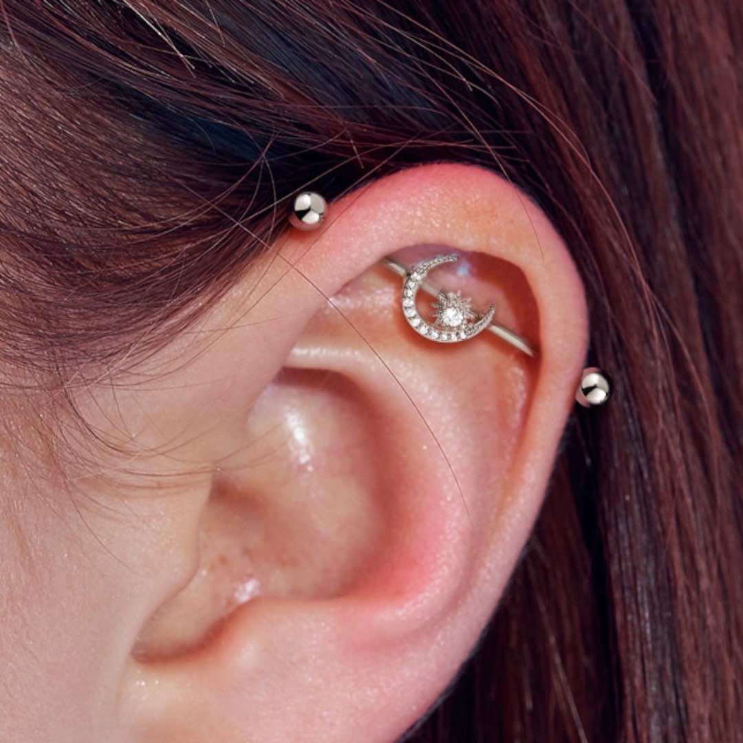 14G Rose Gold Crystals Paved Crescent Moon with Center Stone 38MM Industrial Barbell. Industrial Piercing. Ear Barbells