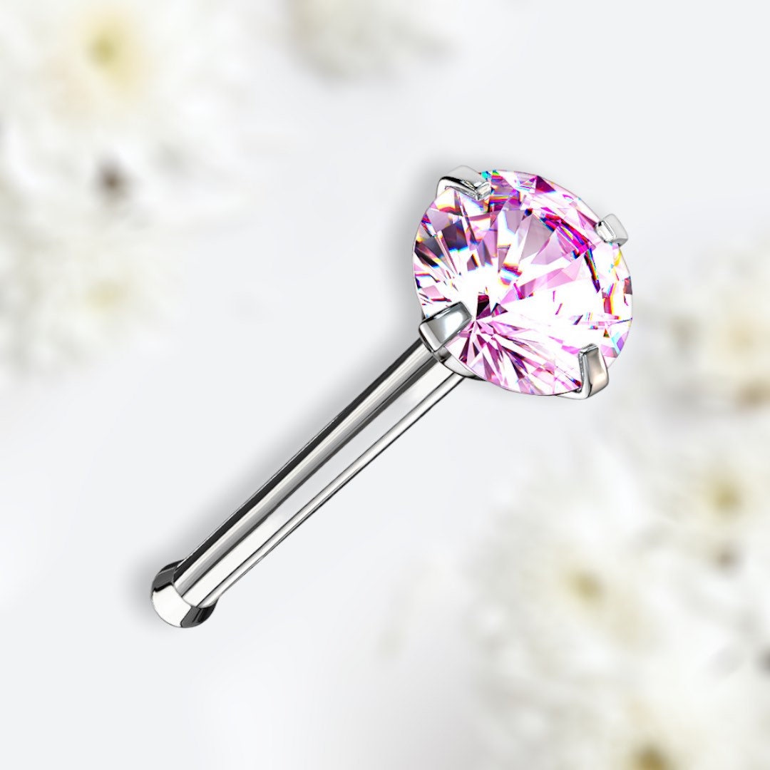 20G Prong Setting Pink Round Gem Top Nose Stud with Ball. Nose Stud. Nose Piercing.