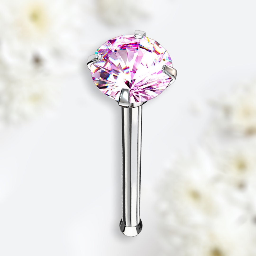 20G Prong Setting Pink Round Gem Top Nose Stud with Ball. Nose Stud. Nose Piercing.