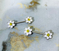 Pair of 14G White Daisy Flower with Center Stone Nipple Barbell. Nipple Piercing. Nipple Rings. Nipple Jewelry. Body Jewelry