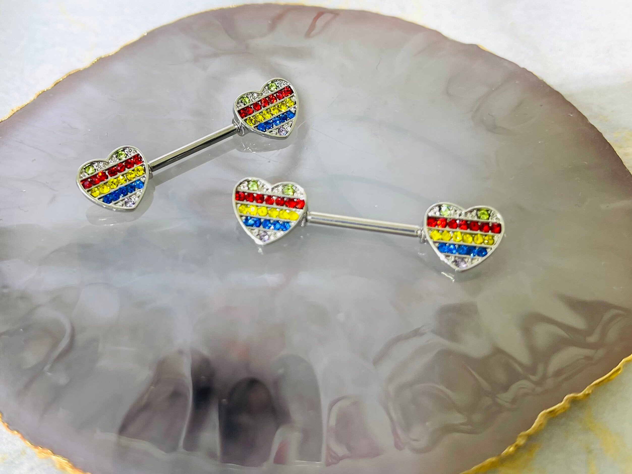 Pair of 14G Silver Multicolor Heart Nipple Barbell. Nipple Piercing. Nipple Rings. Nipple Jewelry.