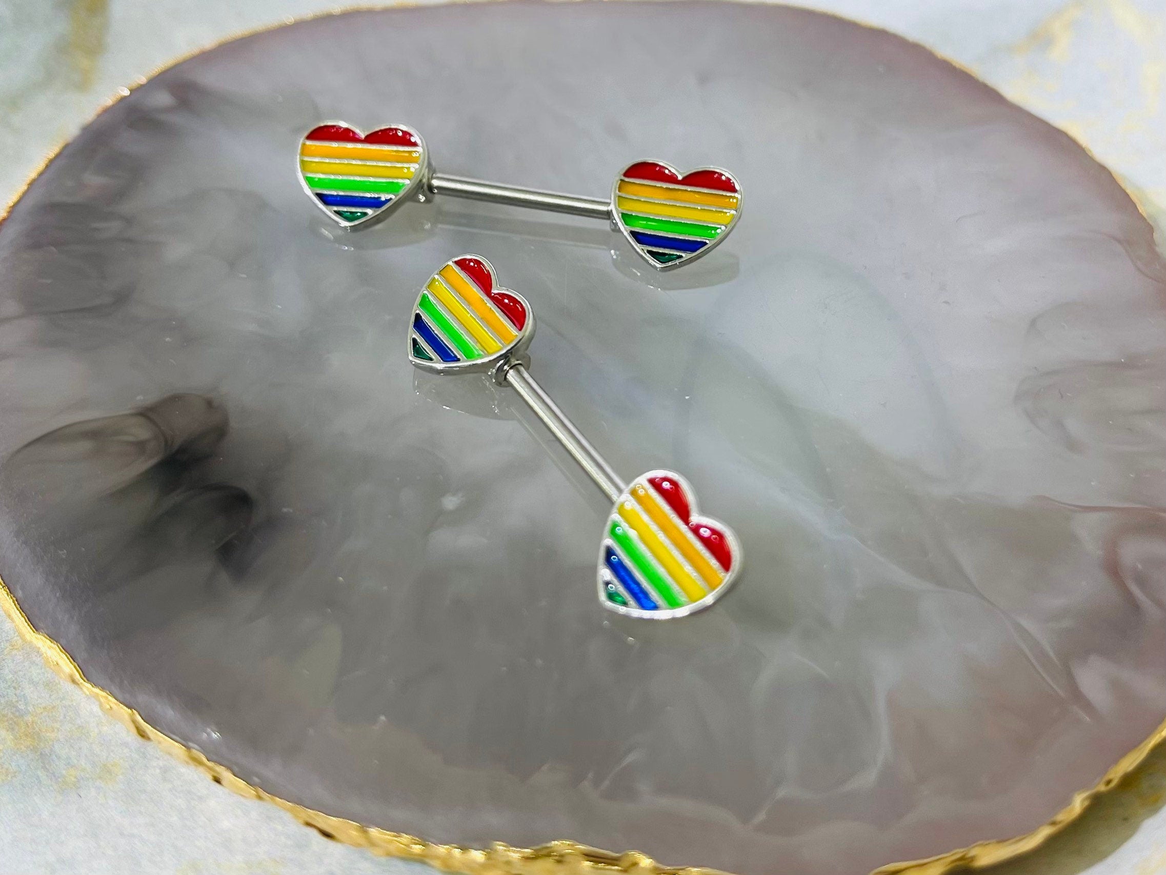 Pair of 14G Silver Pride Colors Heart Nipple Barbell. Nipple Piercing. Nipple Rings. Nipple Jewelry.