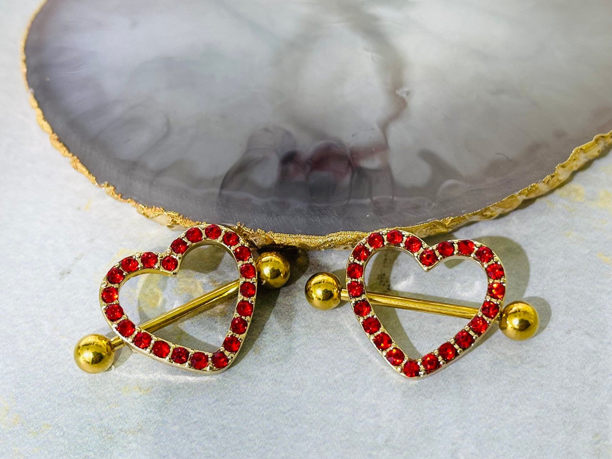 14G Gold Sparkling Heart with Paved Red Crystals Stones Nipple Barbells. Nipple Jewelry. Nipple Piercing.