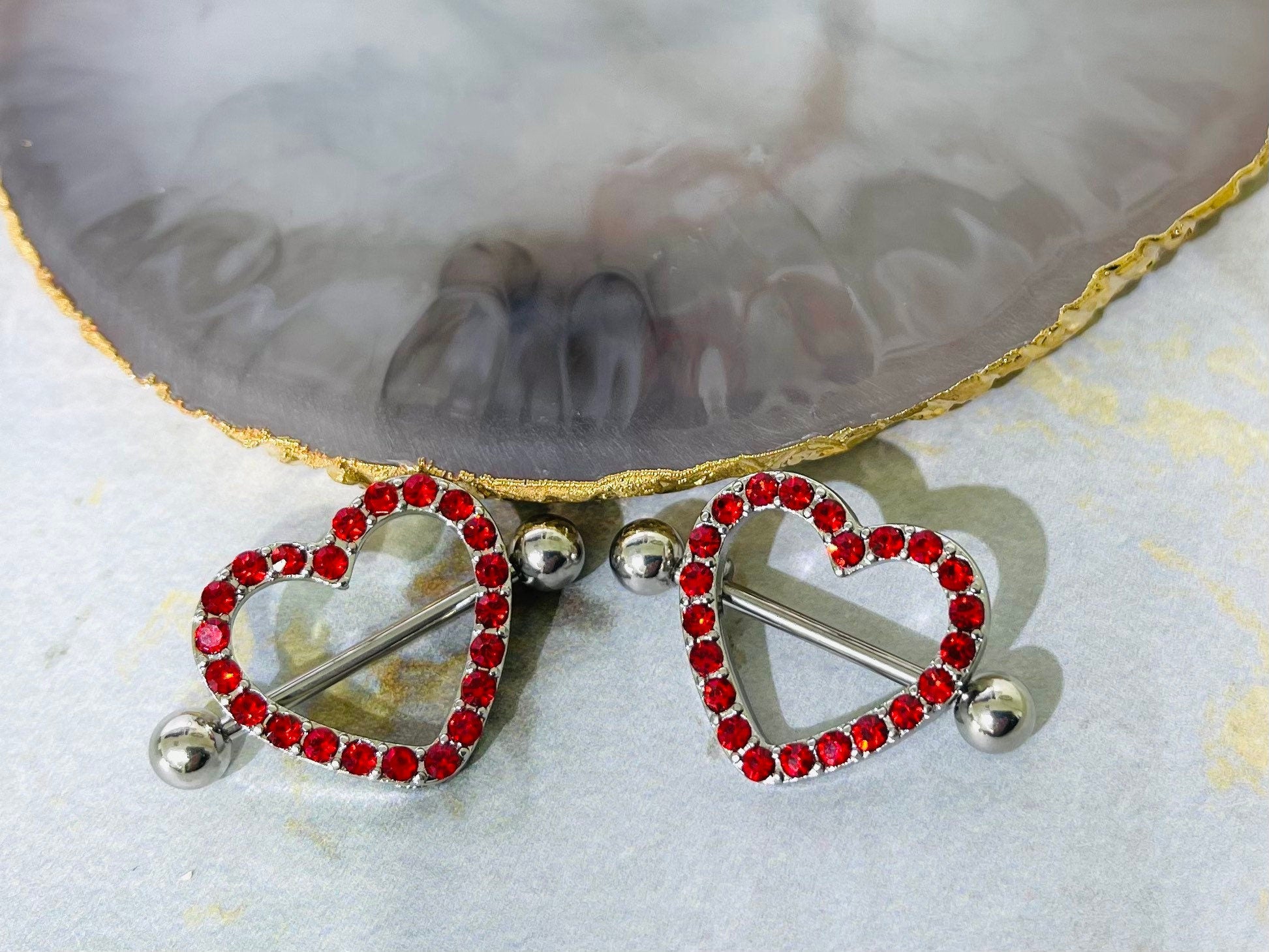 14G Silver Sparkling Heart with Paved Red Crystals Stones Nipple Barbells. Nipple Jewelry. Nipple Piercing.