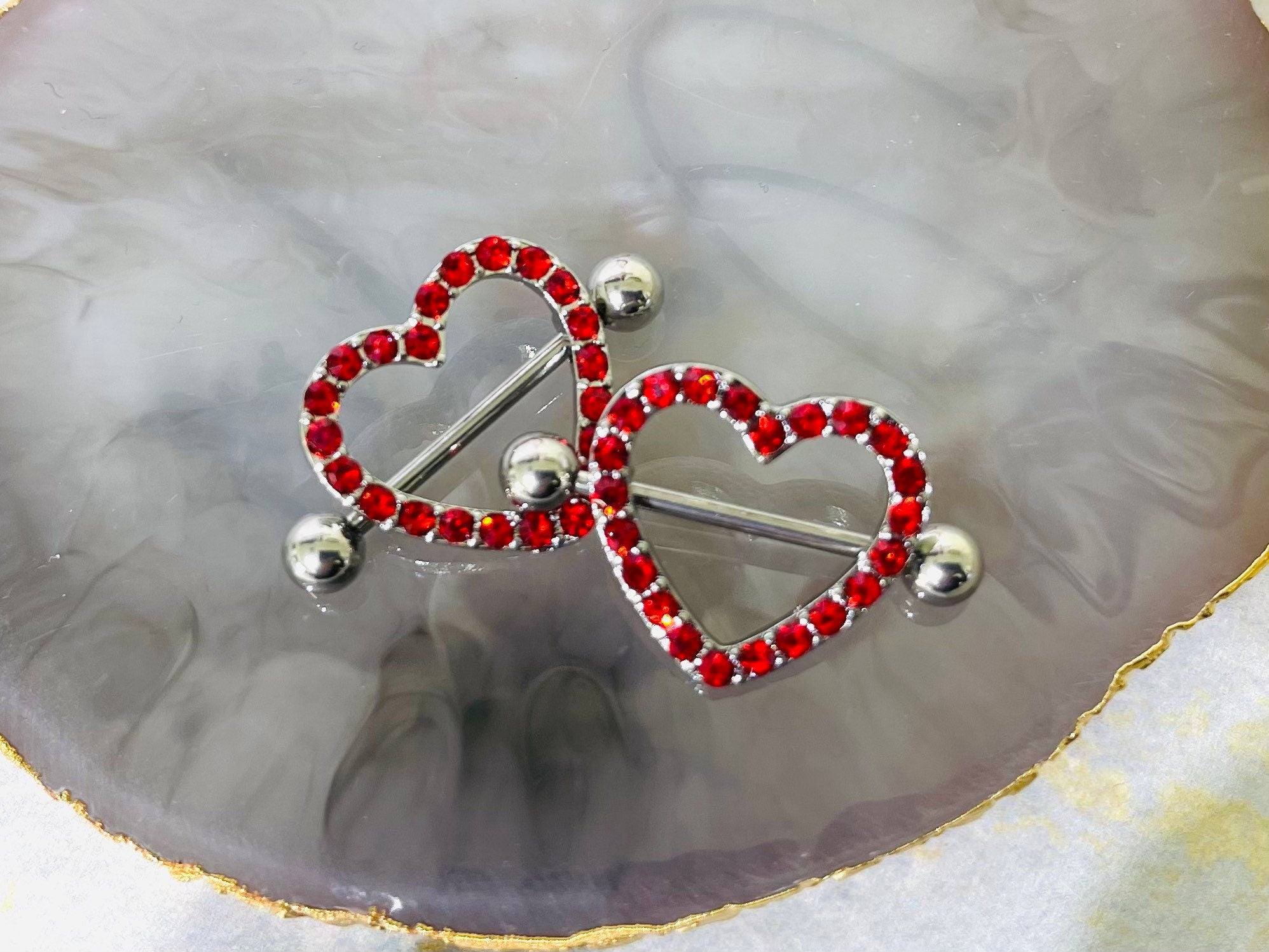 14G Silver Sparkling Heart with Paved Red Crystals Stones Nipple Barbells. Nipple Jewelry. Nipple Piercing.