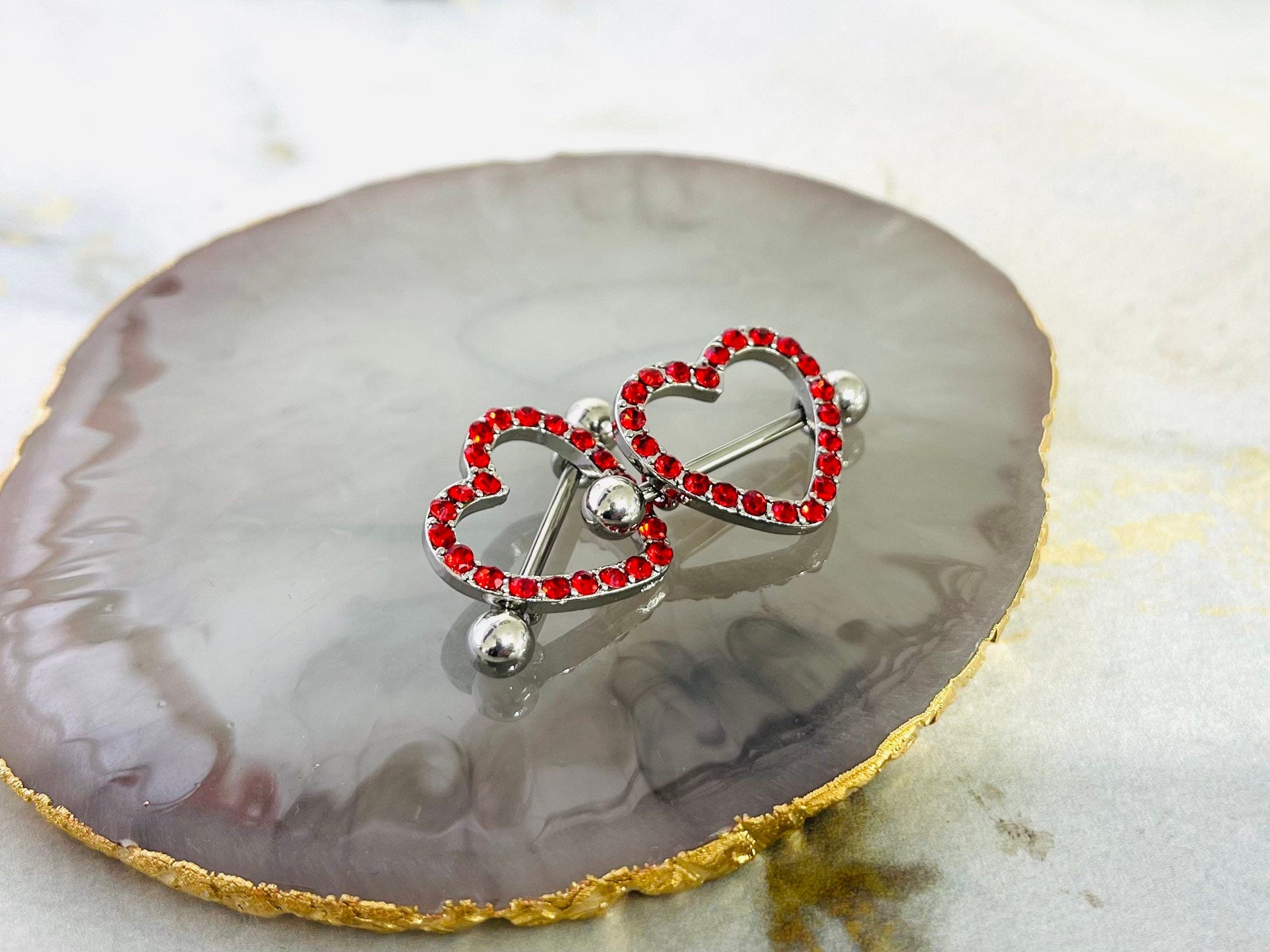 14G Silver Sparkling Heart with Paved Red Crystals Stones Nipple Barbells. Nipple Jewelry. Nipple Piercing.