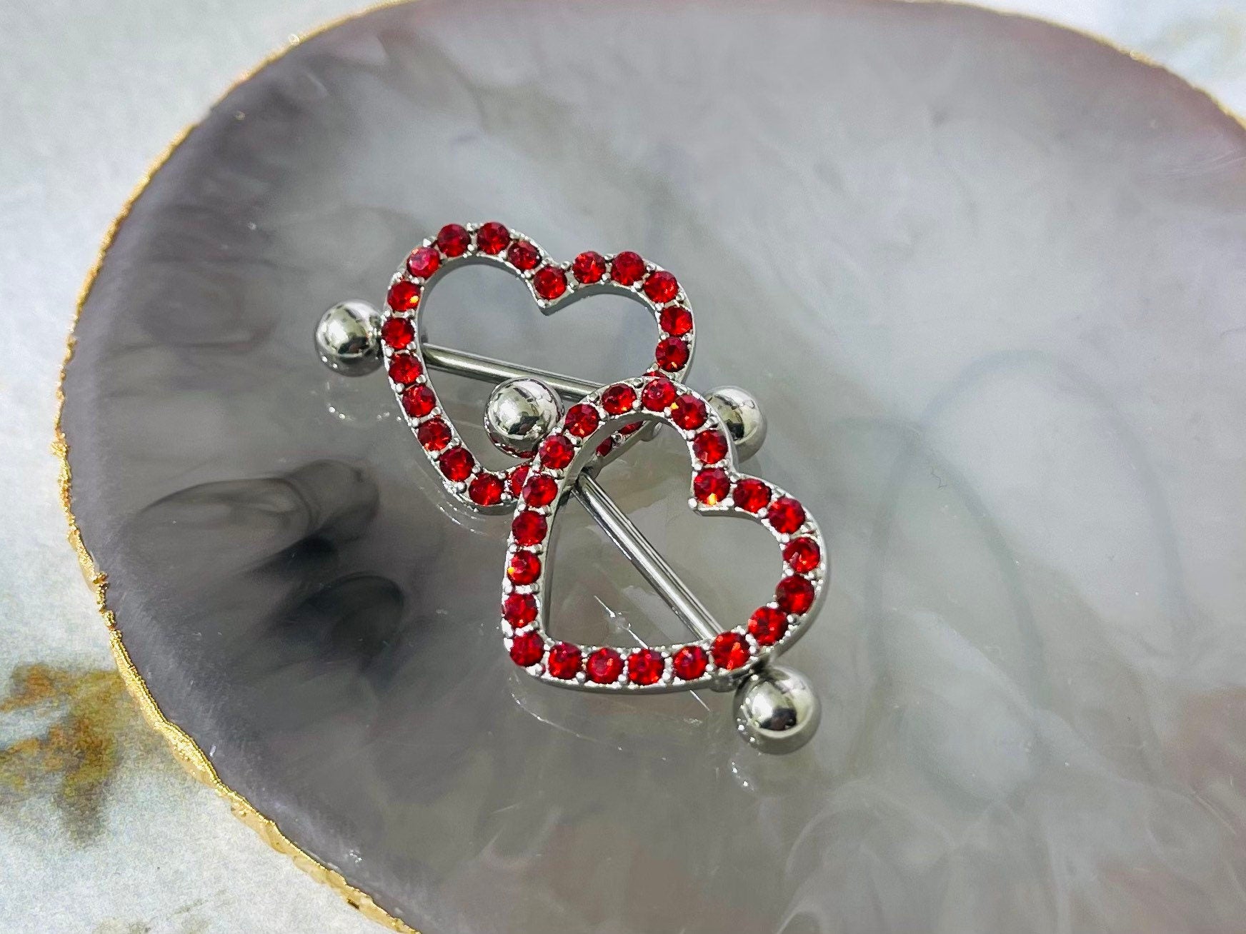 14G Silver Sparkling Heart with Paved Red Crystals Stones Nipple Barbells. Nipple Jewelry. Nipple Piercing.