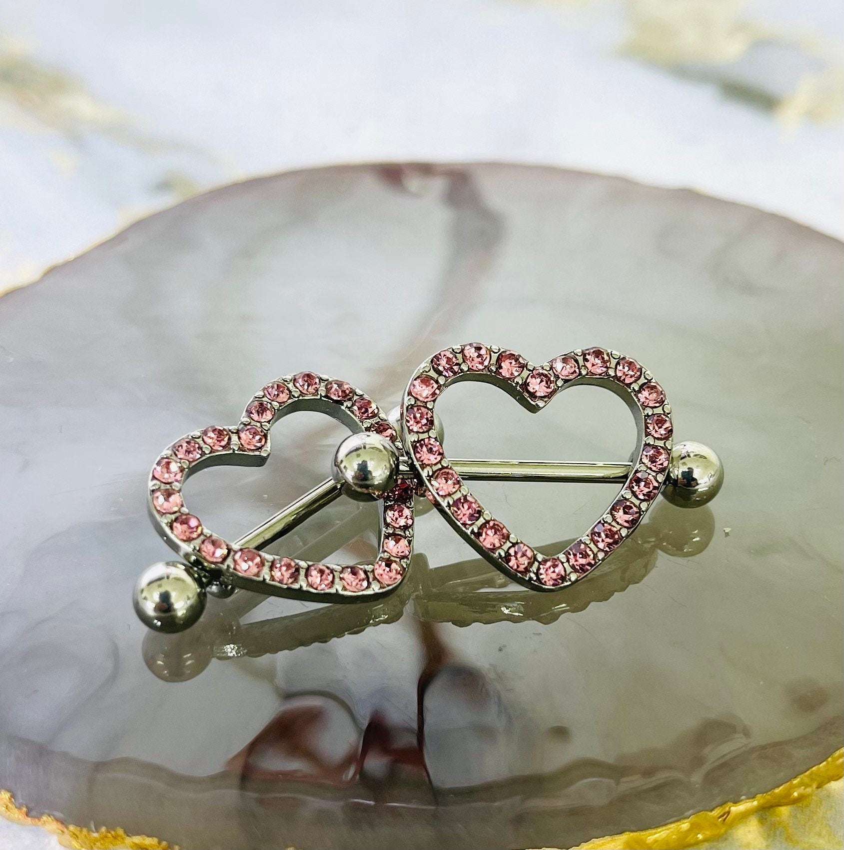 14G Silver Heart Paved Pink Crystal Stones Nipple Barbells. Nipple Jewelry. Nipple Piercing.