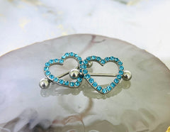 14G Silver Sparkling Heart with Paved Aqua Crystal Stones Nipple Barbells. Nipple Jewelry. Nipple Piercing.