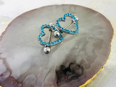 14G Silver Sparkling Heart with Paved Aqua Crystal Stones Nipple Barbells. Nipple Jewelry. Nipple Piercing.