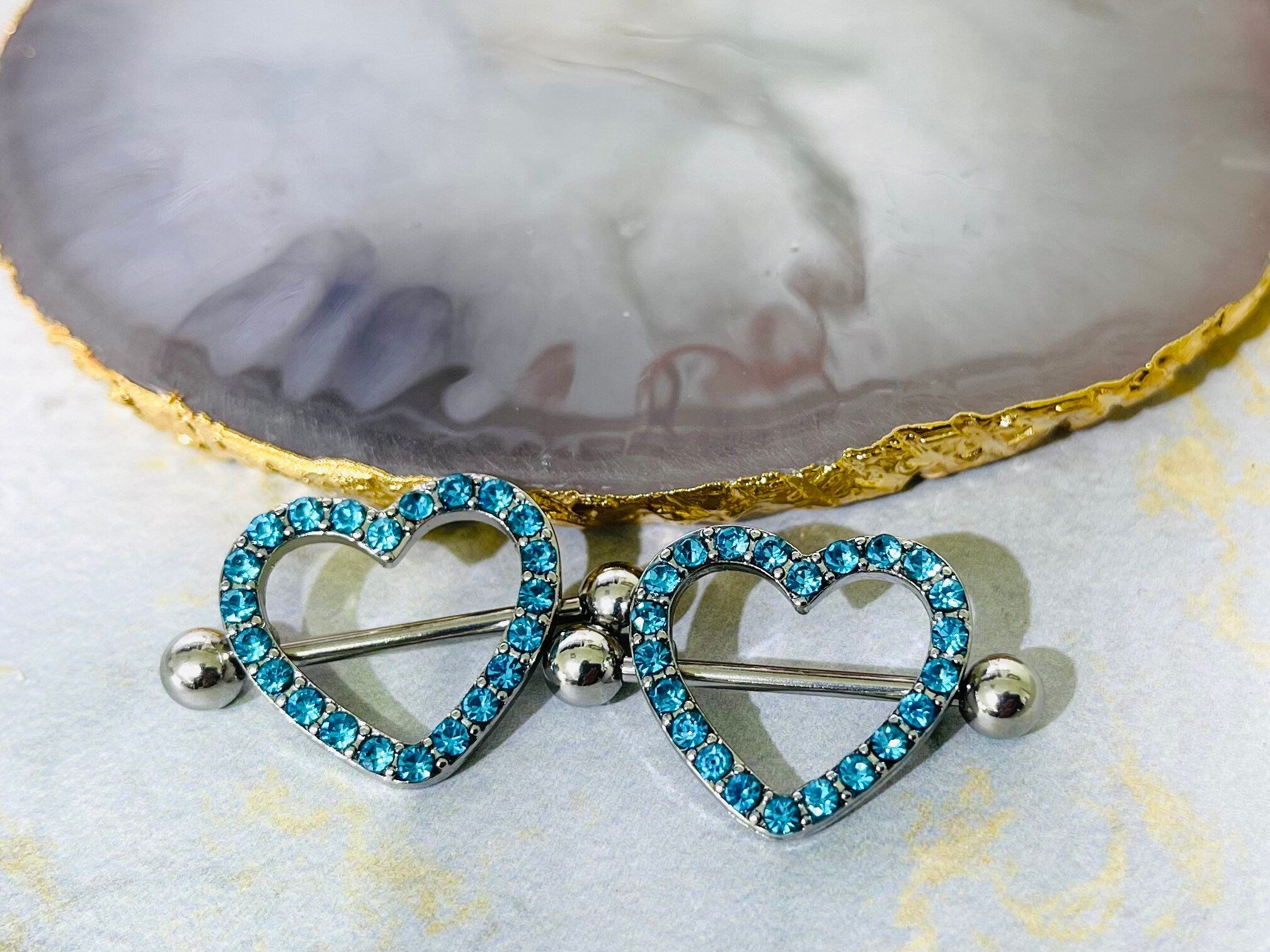 14G Silver Sparkling Heart with Paved Aqua Crystal Stones Nipple Barbells. Nipple Jewelry. Nipple Piercing.