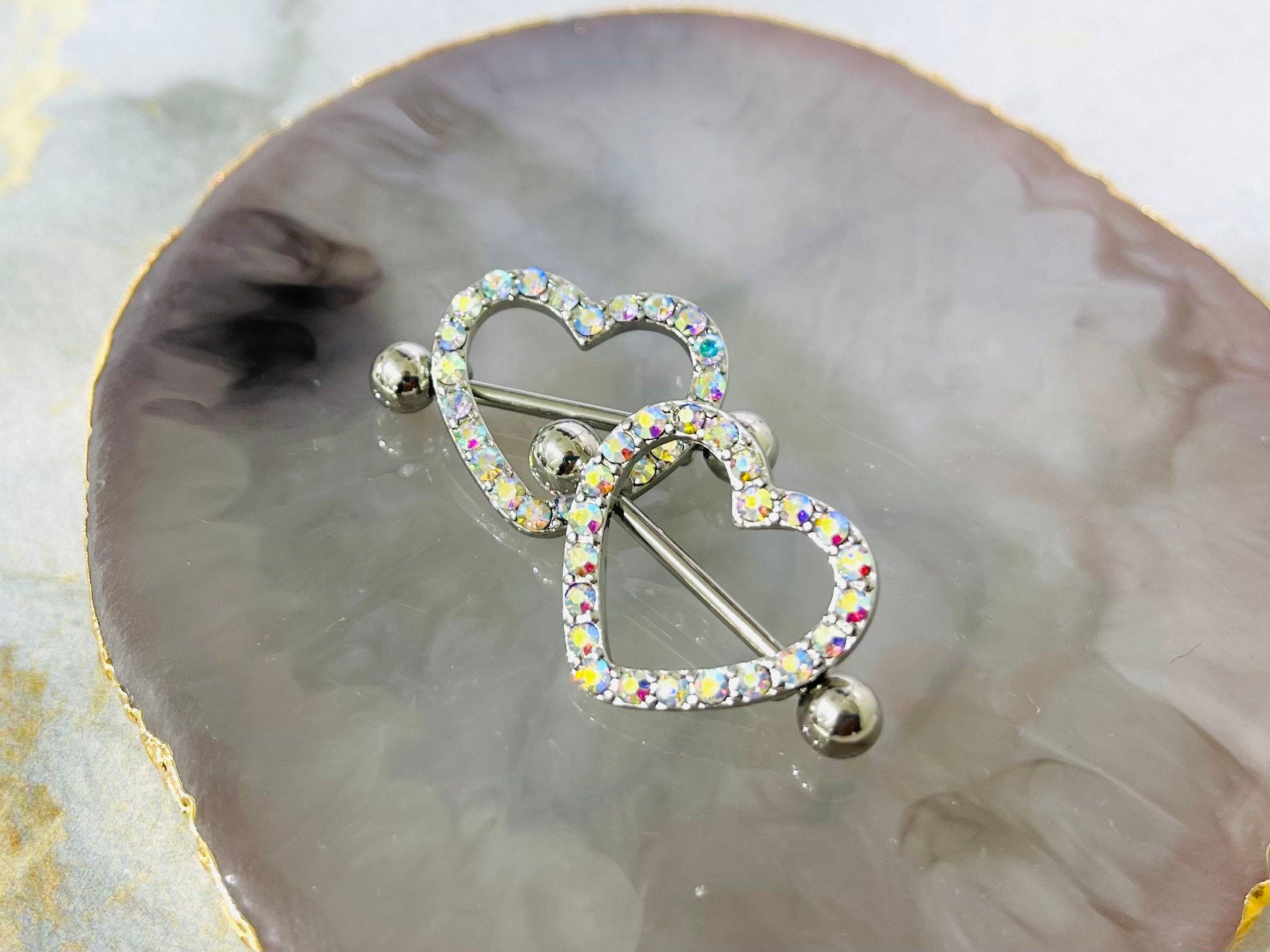 14G Silver Sparkling Heart with Paved Iridescent Crystal Stones Nipple Barbells. Nipple Jewelry. Nipple Piercing. Body Jewelry.