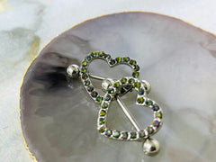 14G Silver Sparkling Heart with Paved Green Crystal Stones Nipple Barbells. Nipple Jewelry. Nipple Piercing. Body Jewelry.