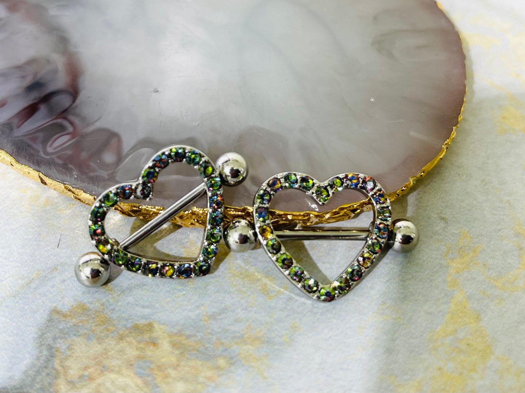 14G Silver Sparkling Heart with Paved Green Crystal Stones Nipple Barbells. Nipple Jewelry. Nipple Piercing. Body Jewelry.