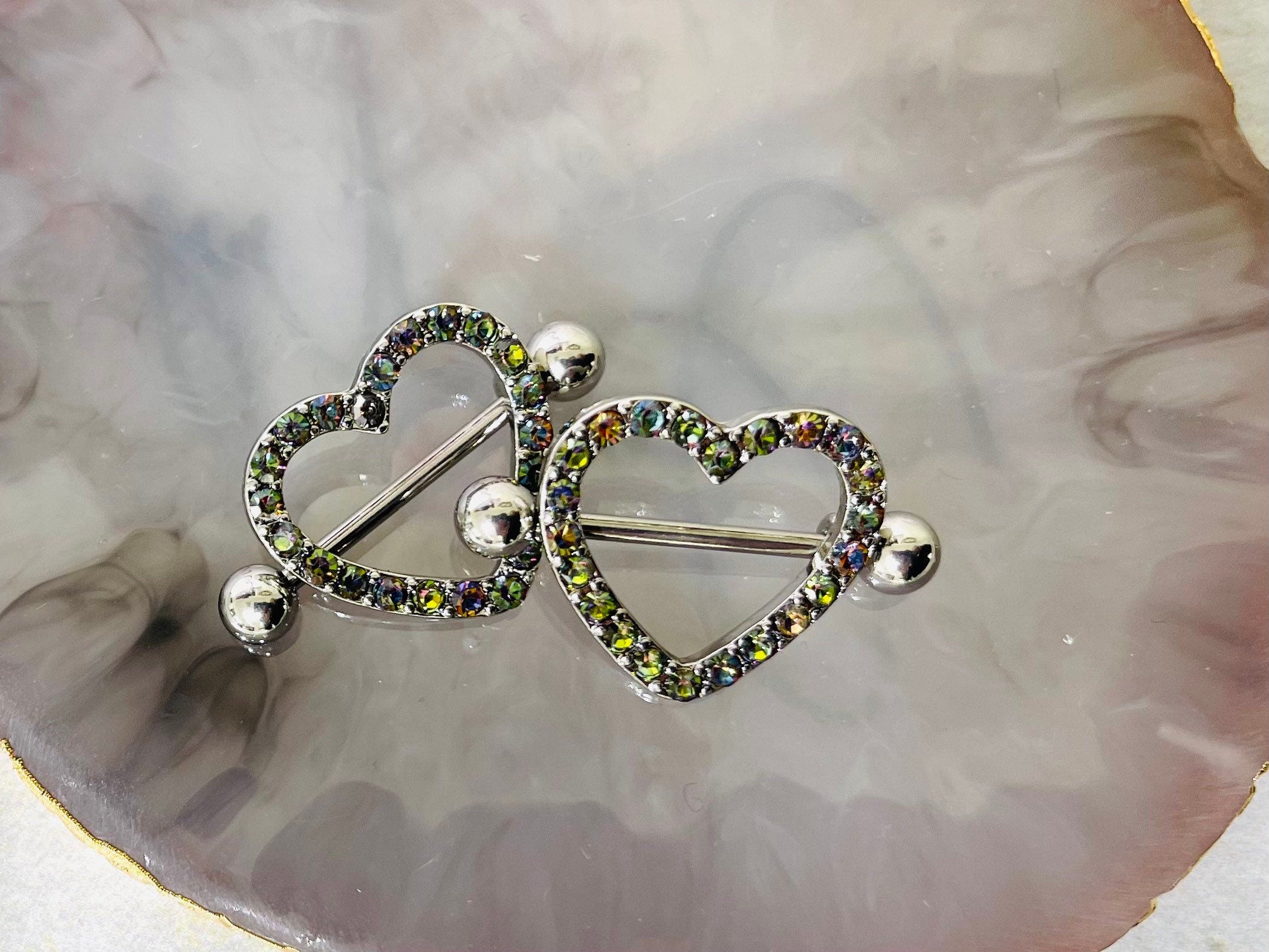 14G Silver Sparkling Heart with Paved Green Crystal Stones Nipple Barbells. Nipple Jewelry. Nipple Piercing. Body Jewelry.