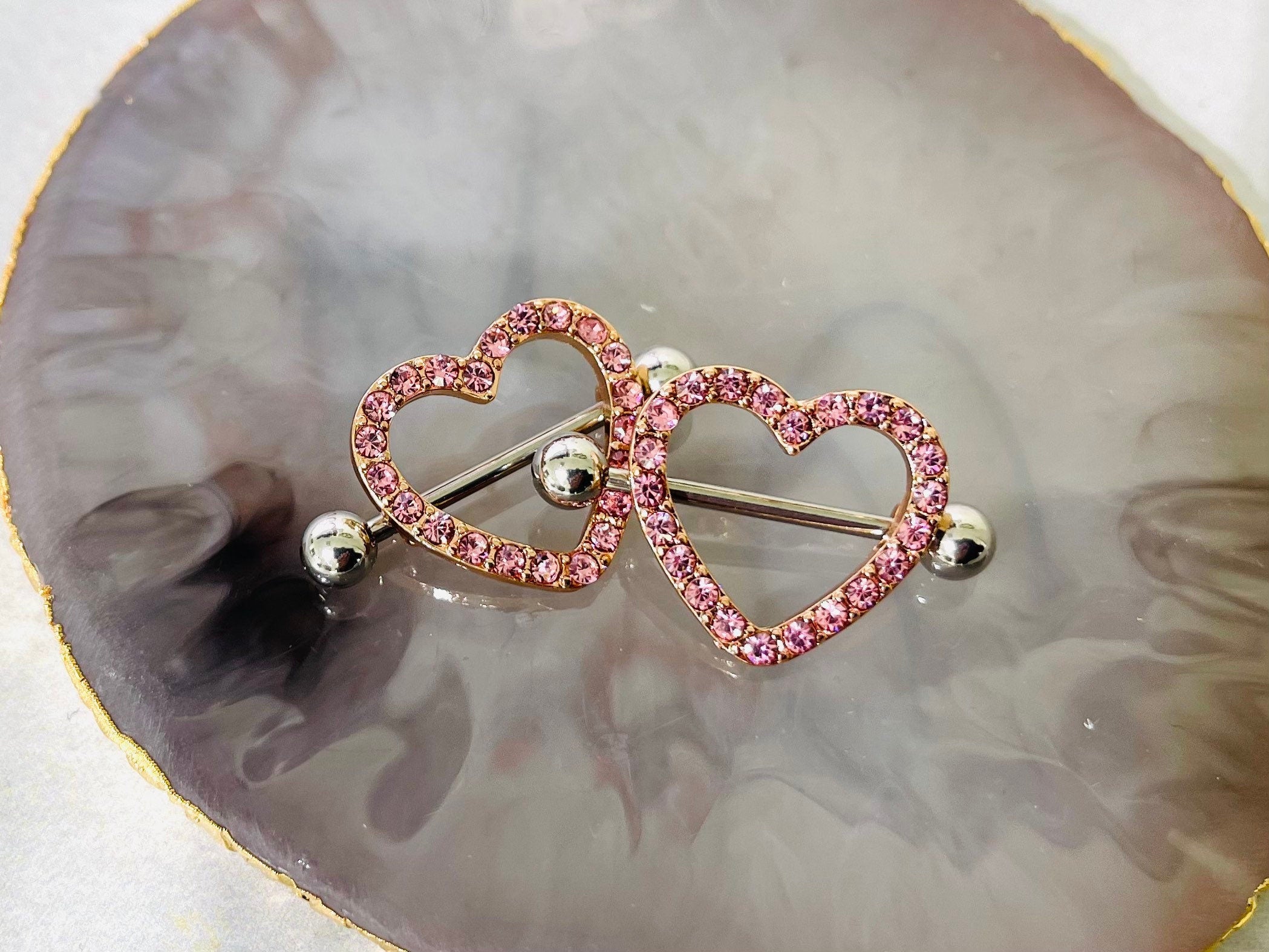 14G Rose Gold Sparkling Heart with Paved Pink Crystal Stones Nipple Barbells. Nipple Jewelry. Nipple Piercing. Body Jewelry.