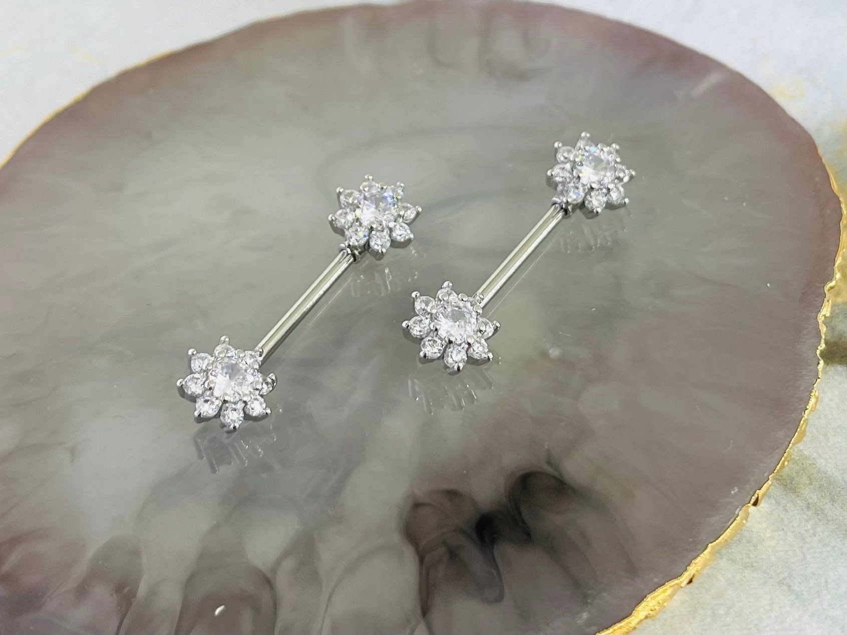 Pair of 14G Silver Sparkling Flower Gems Nipple Barbells. Nipple Piercing. Nipple Rings. Nipple Jewelry. Nipple Barbells. Body Jewelry.