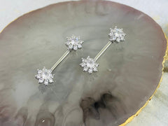 Pair of 14G Silver Sparkling Flower Gems Nipple Barbells. Nipple Piercing. Nipple Rings. Nipple Jewelry. Nipple Barbells. Body Jewelry.