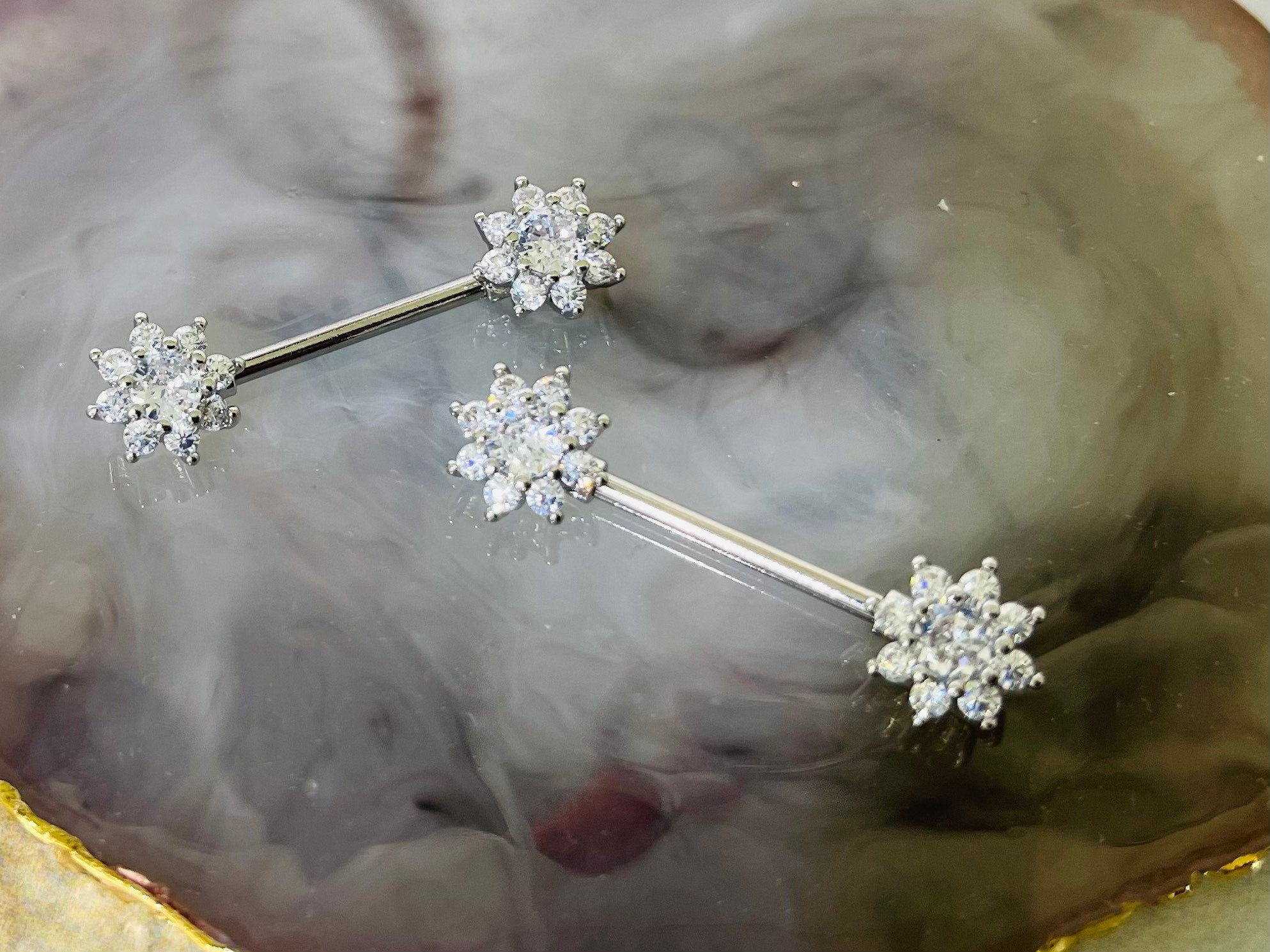 Pair of 14G Silver Sparkling Flower Gems Nipple Barbells. Nipple Piercing. Nipple Rings. Nipple Jewelry. Nipple Barbells. Body Jewelry.