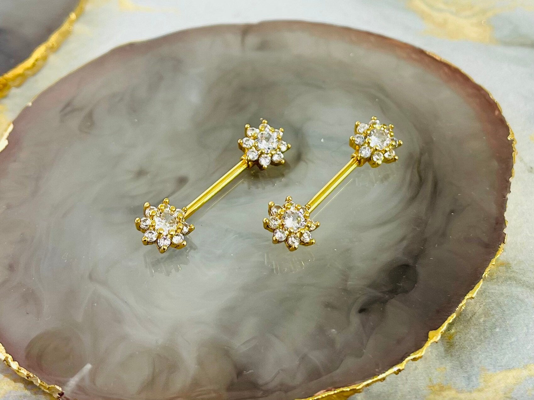 Pair of 14G Gold Sparkling Flower Gems Nipple Barbells. Nipple Piercing. Nipple Rings. Nipple Jewelry.