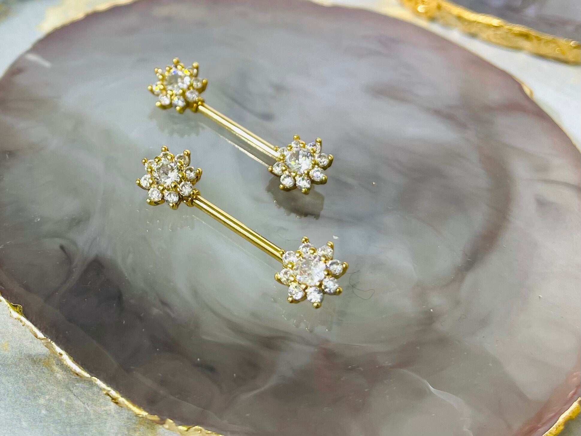 Pair of 14G Gold Sparkling Flower Gems Nipple Barbells. Nipple Piercing. Nipple Rings. Nipple Jewelry.