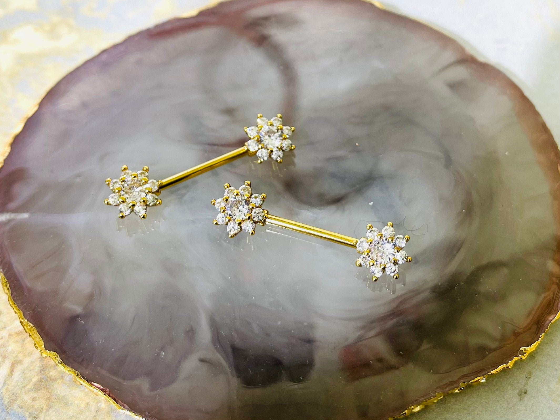 Pair of 14G Gold Sparkling Flower Gems Nipple Barbells. Nipple Piercing. Nipple Rings. Nipple Jewelry.