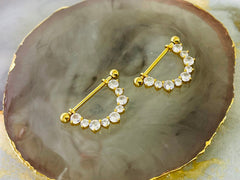 Pair of 14G Gold Sparkling Clear Stones Dangling Nipple Shield Ring. Nipple Rings. Nipple Piercing. Nipple Jewelry. Nipple Barbells.