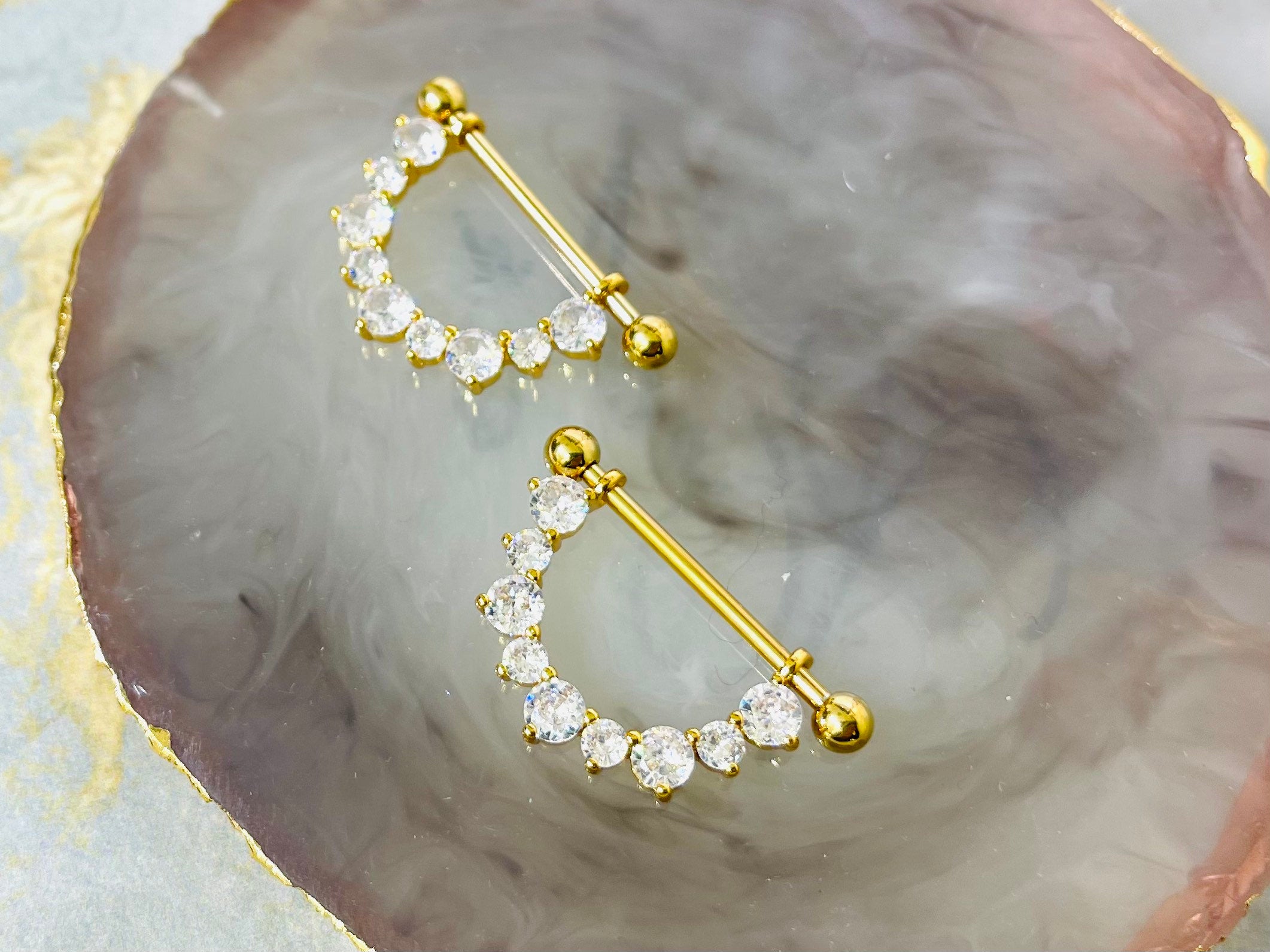 Pair of 14G Gold Sparkling Clear Stones Dangling Nipple Shield Ring. Nipple Rings. Nipple Piercing. Nipple Jewelry. Nipple Barbells.