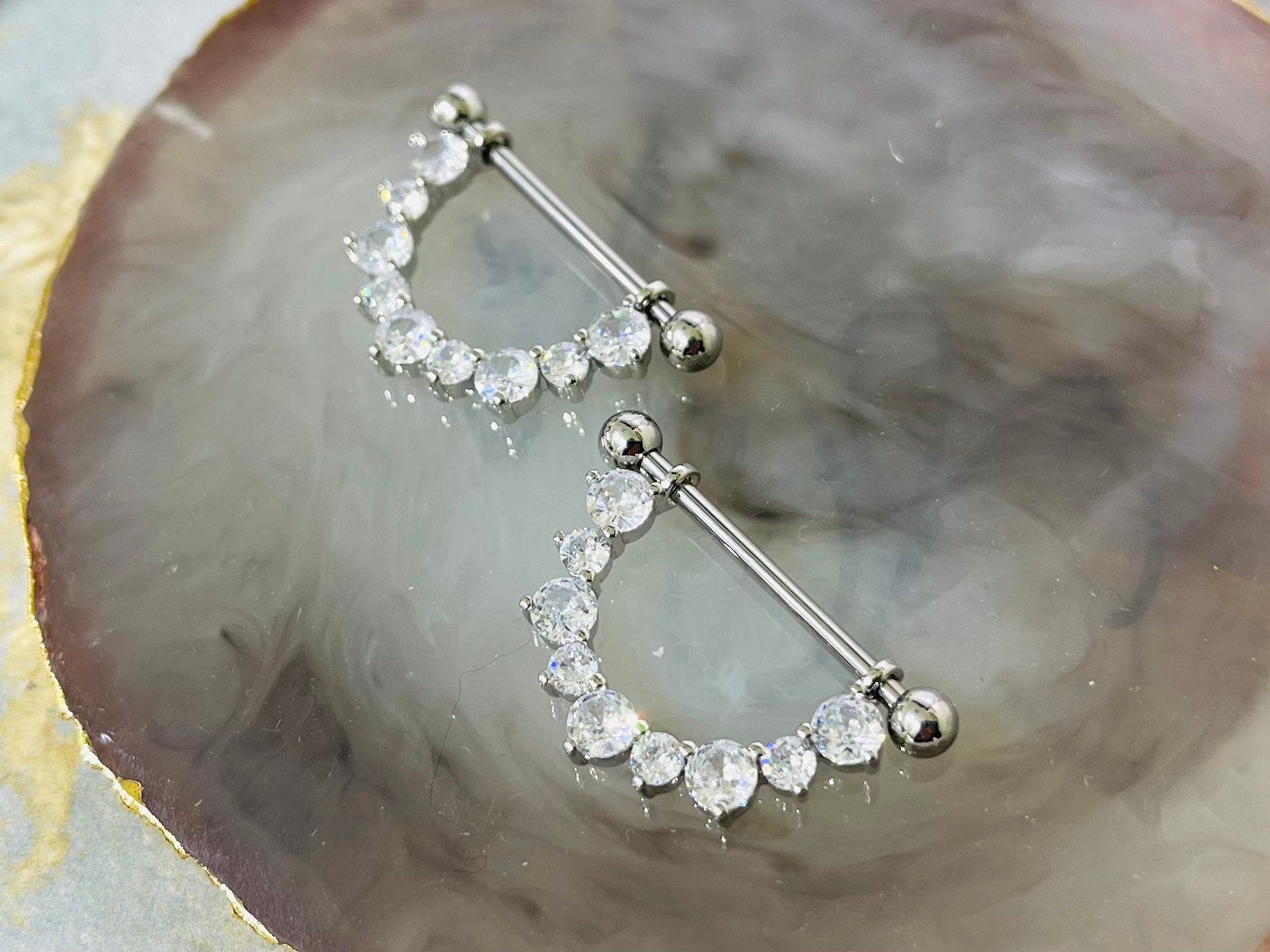 Pair of 14G Silver Sparkling Clear Stones Dangling Nipple Shield Ring. Nipple Rings. Nipple Piercing. Nipple Jewelry. Nipple Barbells.