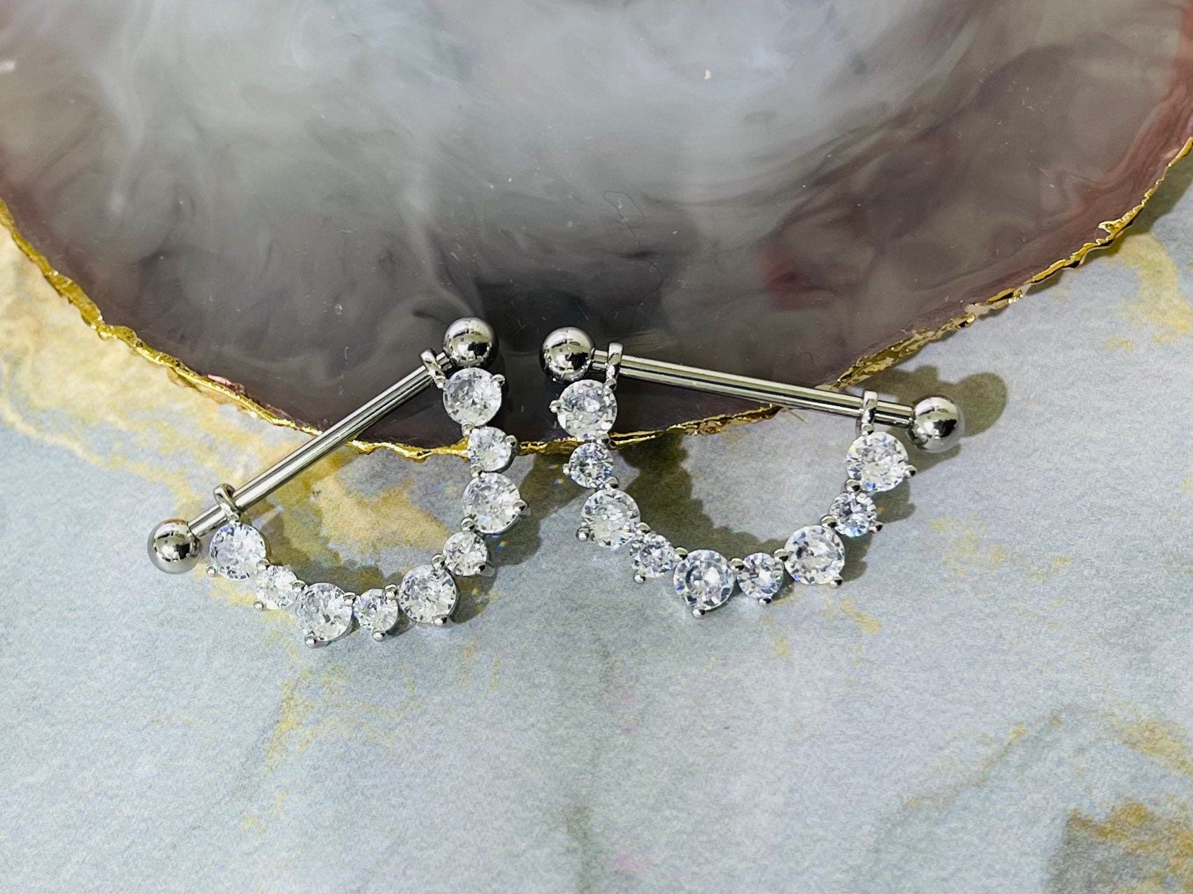 Pair of 14G Silver Sparkling Clear Stones Dangling Nipple Shield Ring. Nipple Rings. Nipple Piercing. Nipple Jewelry. Nipple Barbells.