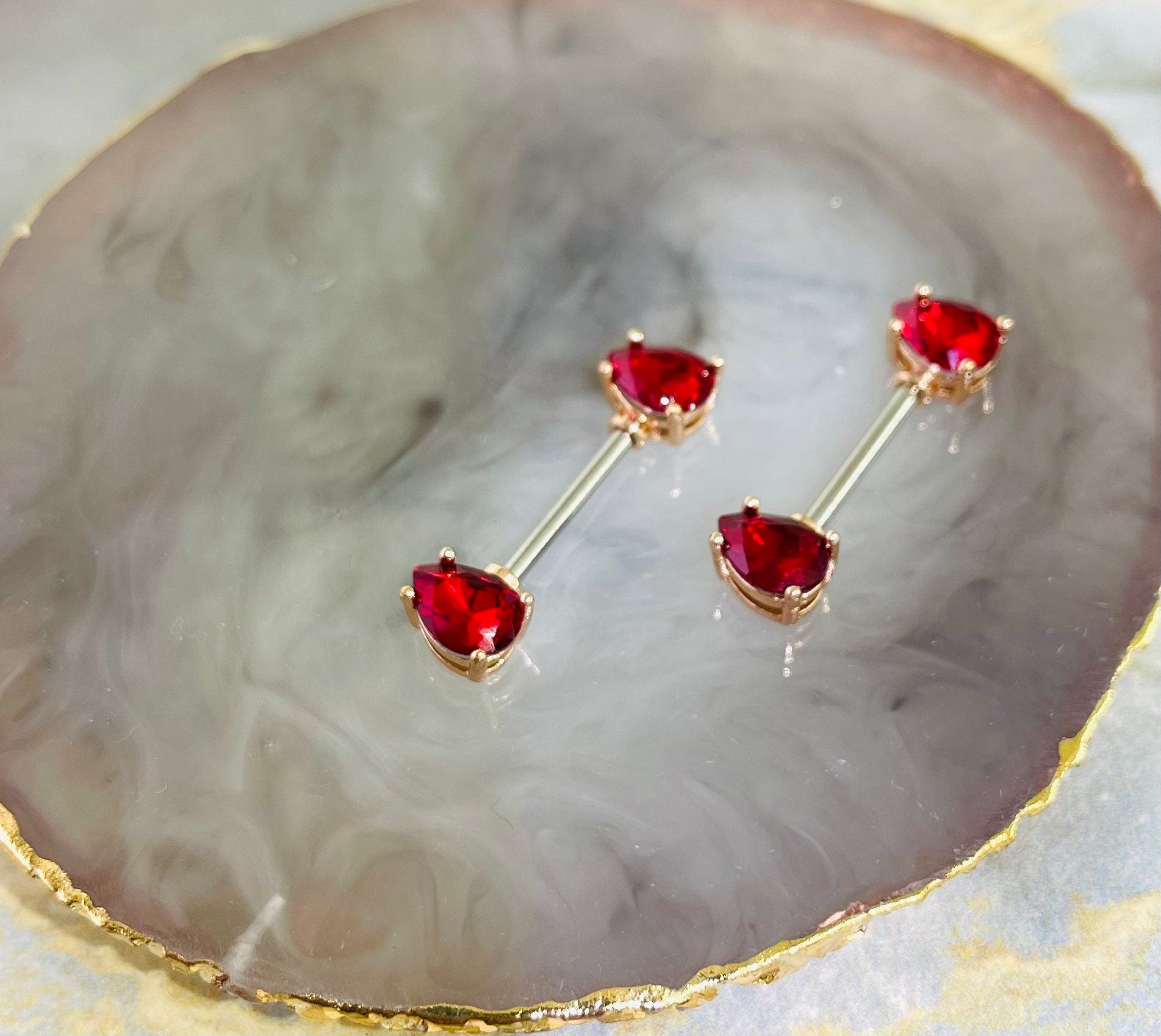 Pair of 14G Teardrop Red Gems with Rose Gold Accent Nipple Barbells. Nipple Rings. Nipple Piercing. Nipple Jewelry. Body Jewelry