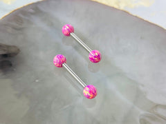 Pair of 14G Internally Threaded Pink Opal End Nipple Barbell. Nipple Rings. Nipple Piercing. Nipple Jewelry.