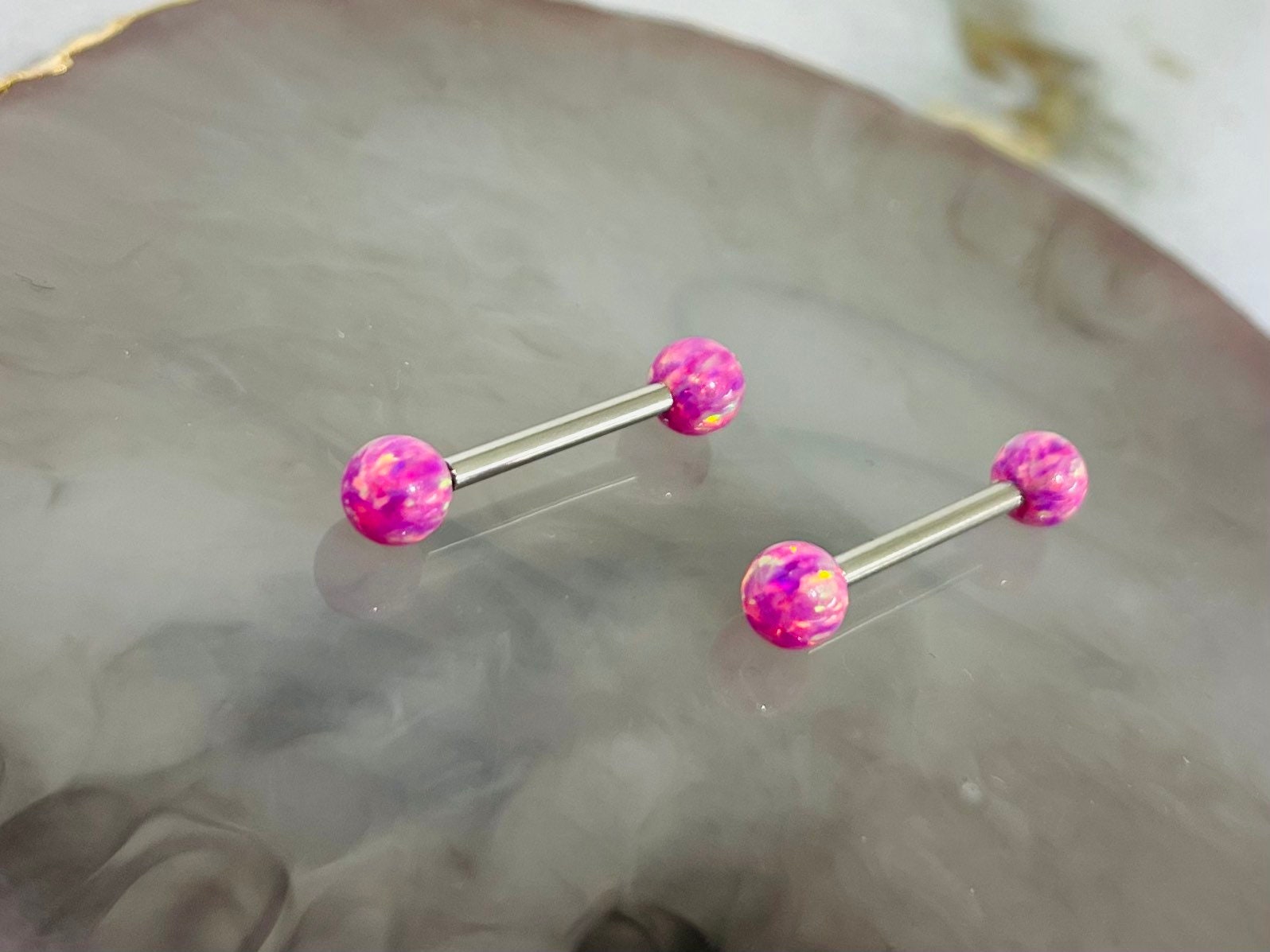 Pair of 14G Internally Threaded Pink Opal End Nipple Barbell. Nipple Rings. Nipple Piercing. Nipple Jewelry.