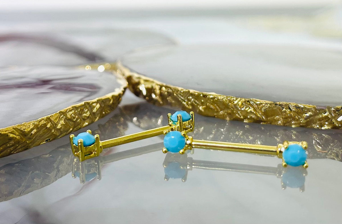 Pair of 14G Gold Turquoise Nipple Barbell. Nipple Rings. Nipple Piercing. Nipple Jewelry. Body Jewelry. Body Piercing.