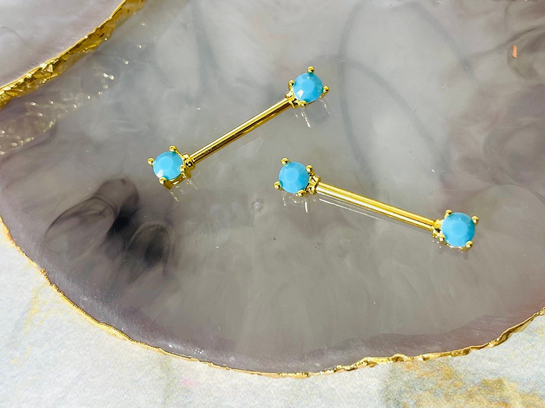 Pair of 14G Gold Turquoise Nipple Barbell. Nipple Rings. Nipple Piercing. Nipple Jewelry. Body Jewelry. Body Piercing.