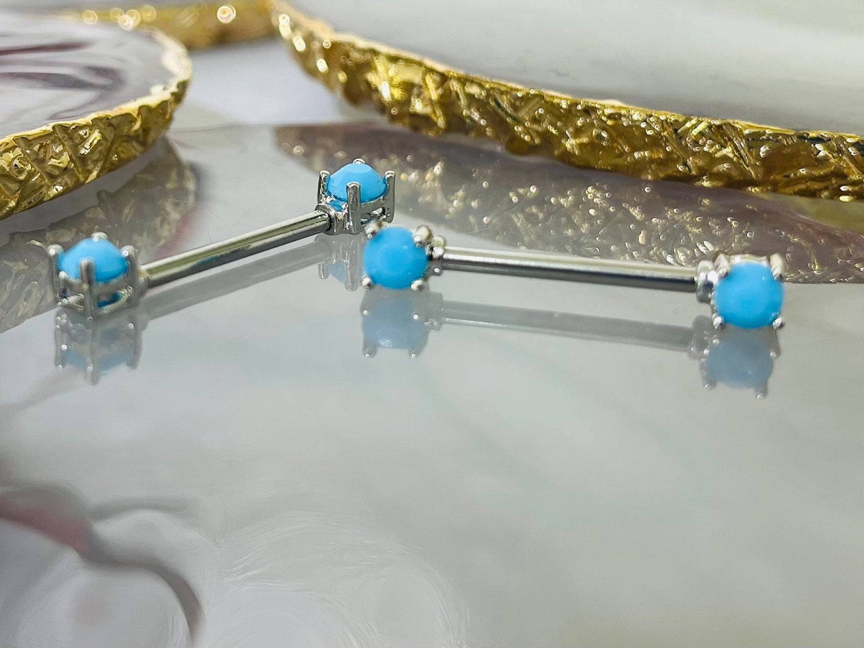 Pair of 14G Silver Turquoise Gem Nipple Barbell. Nipple Rings. Nipple Piercing. Nipple Jewelry. Body Jewelry. Body Piercing.