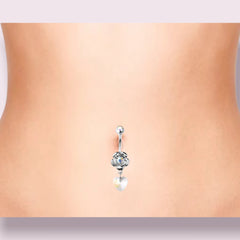 Silver Rose Heart White Heart Dangling Belly Button Ring