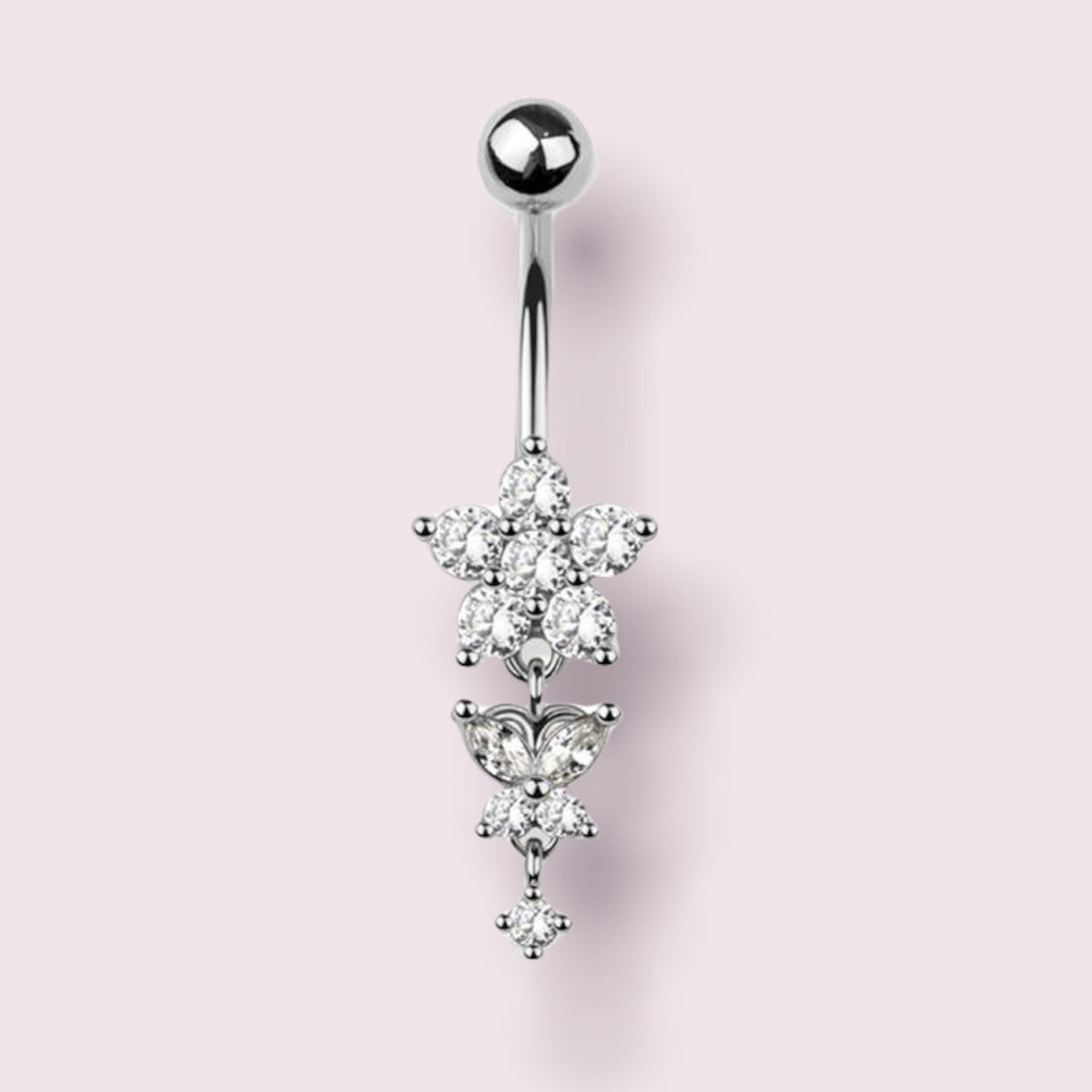 Silver Flower and Butterfly Dangling Belly Button Ring