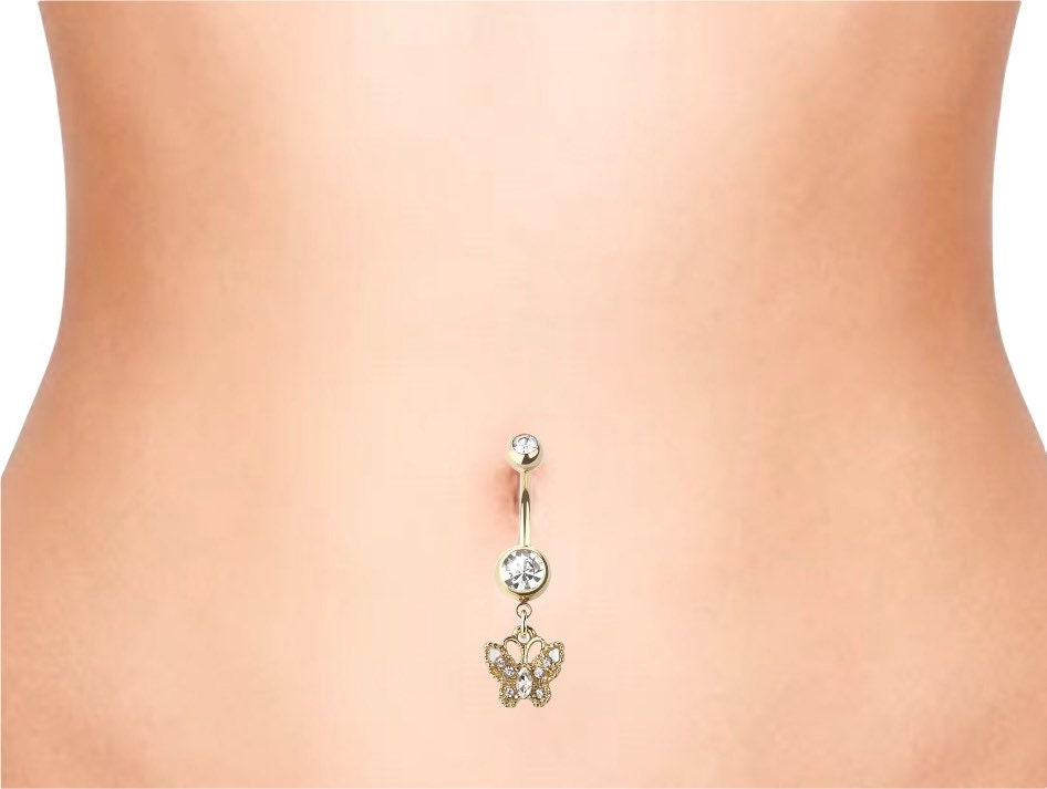 Gold Dangling Butterfly Surgical Steel Belly Button Ring