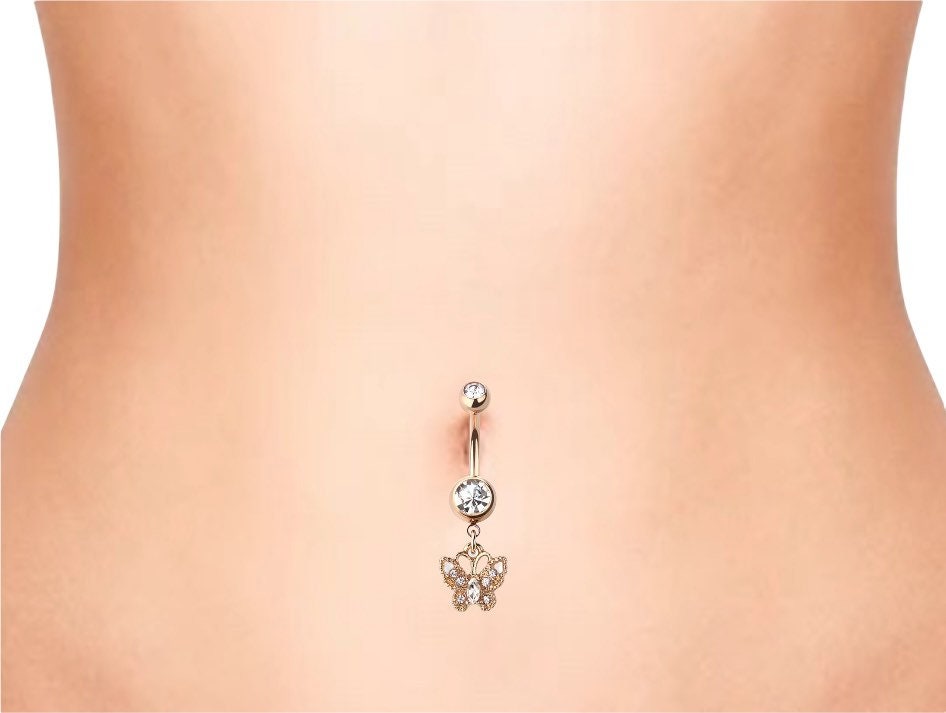 Rose Gold Dangling Butterfly Surgical Steel Dangling Belly Button Ring