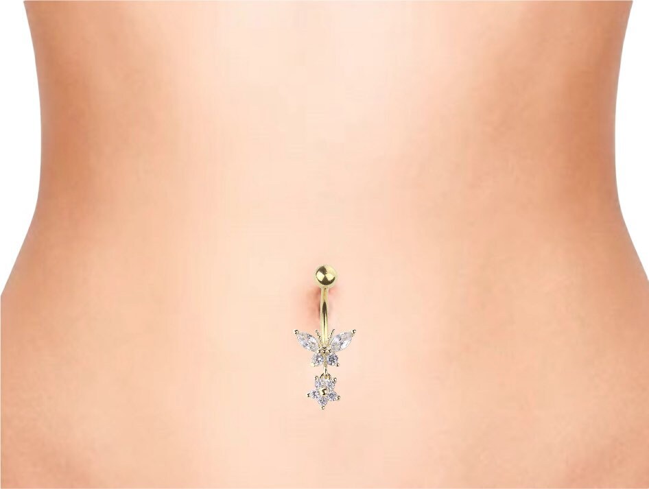 Gold Butterfly Flower Surgical Steel Dangling Belly Button Ring