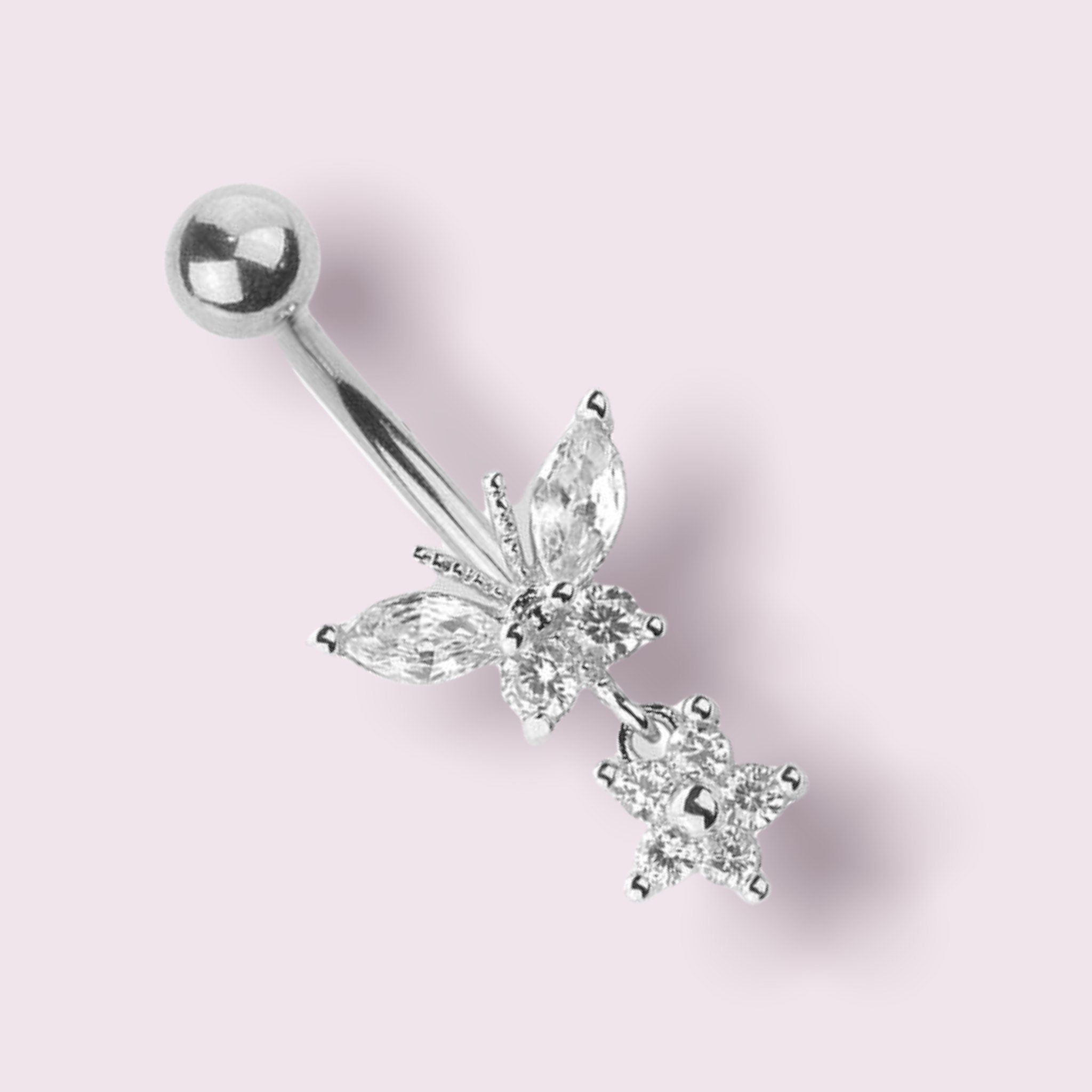 Silver Butterfly Surgical Dangling Steel Belly Button Ring