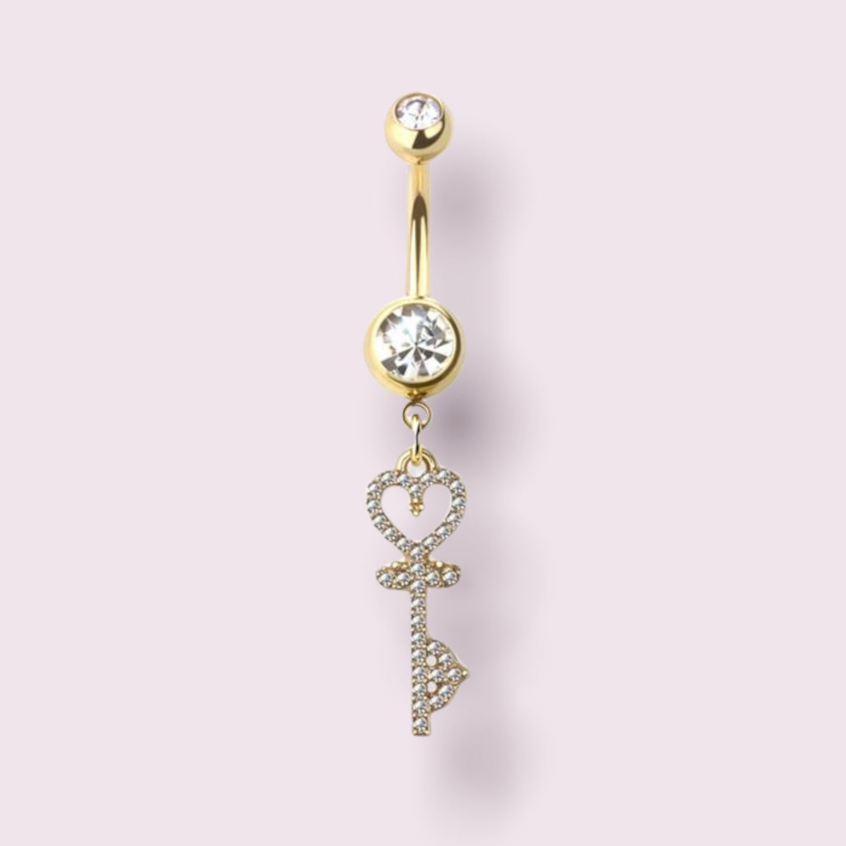 Gold Heart & Key Surgical Steel Dangling Belly Button Ring