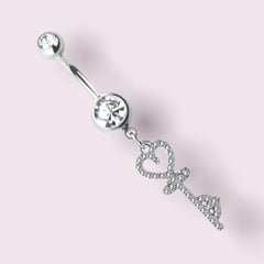 Silver Heart & Key Dangling Surgical Steel Dangling Belly Button Ring